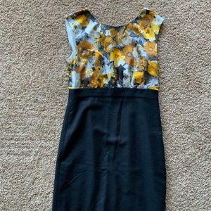 Silk and wool J Crew dress, yellow floral silk and black wool